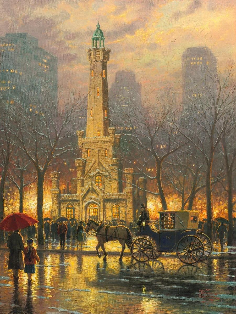 給水塔のシカゴの冬 トーマス・キンケード油絵